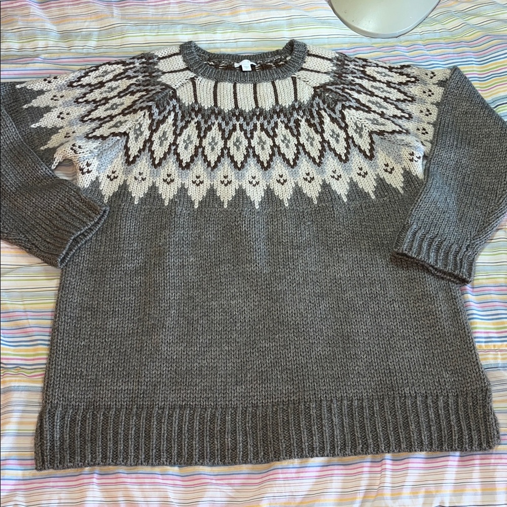 J. Jill Birchwood Gray and Brown Fair Isle Wool Blend Sweater XL EUC